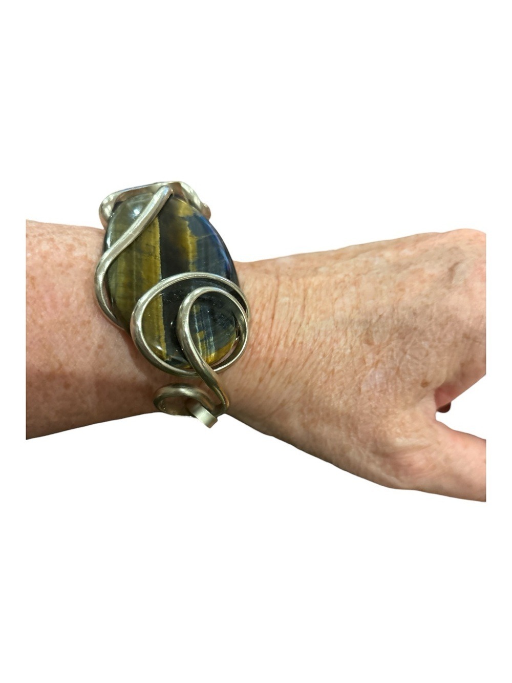 VTG HAND CRAFTED SILVER WIRE WRAP CUFF BRACELET 3” BLUE GOLD TIGER'S EYE STONE
